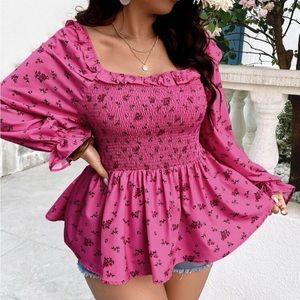 New Plus Floral Print Ruffle Trim Flounce Sleeve Blouse